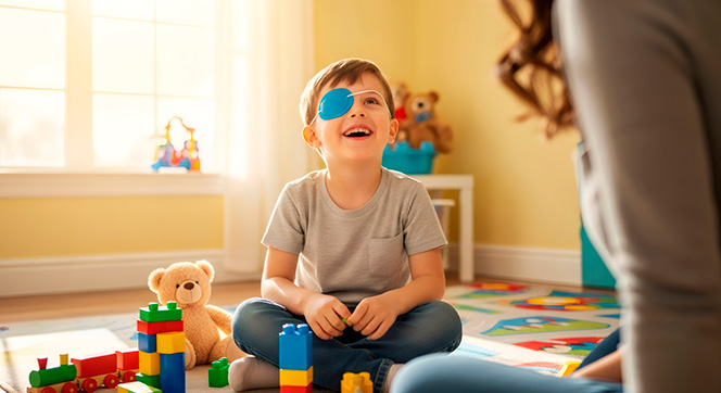 Niño con ambliopía en un salón escolar